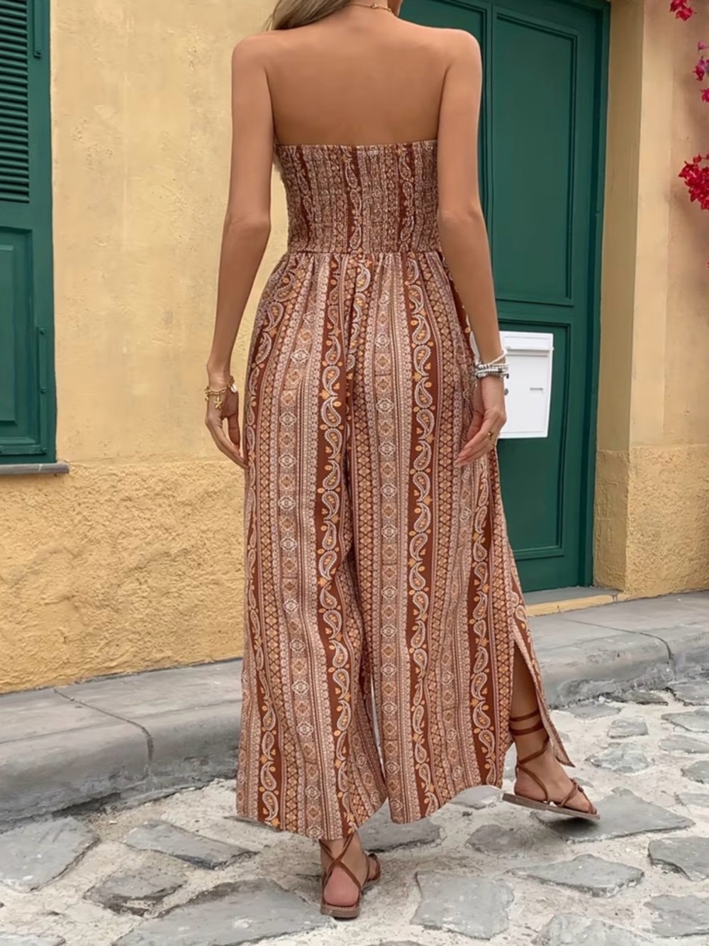 Boho Strapless Smocked Jumpsuit Brown Paisley New Boutique - Picture 2 of 7